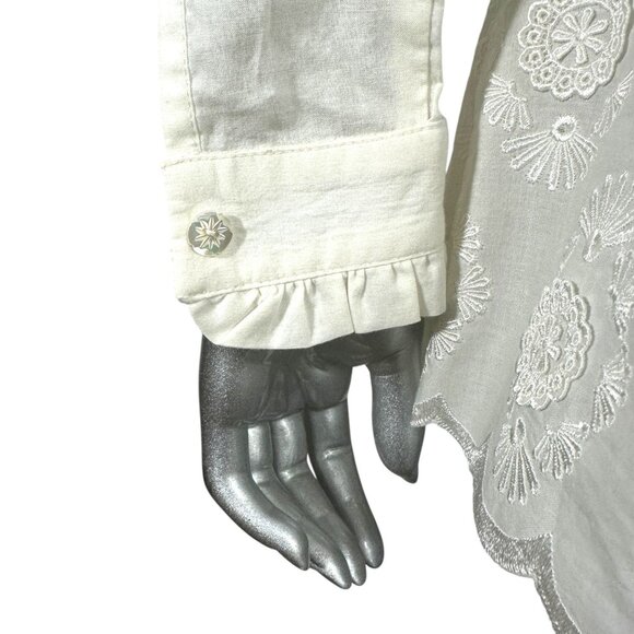 Bell Fine Garments White Embroidered Long Sleeve Button-Up Blouse With Scalloped - Picture 5 of 7